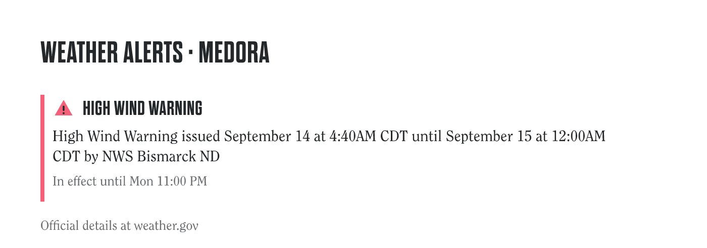 Active weather alerts for Medora